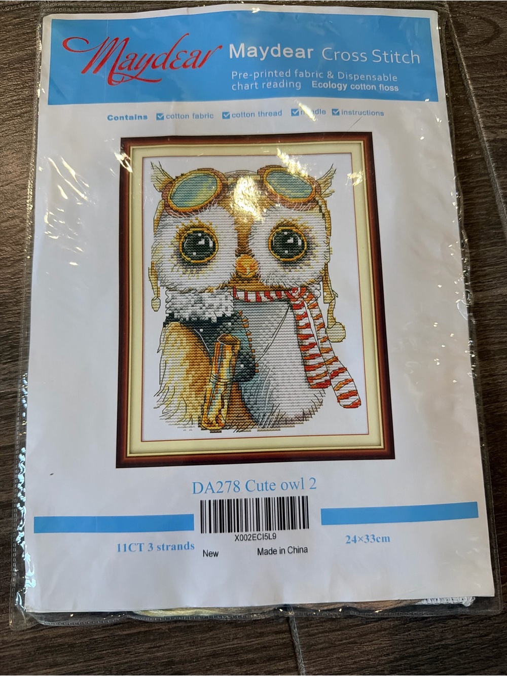 Cute Owl Cross Stitch Kit - White, Brown, Gold